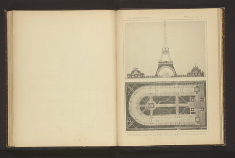 Reproduction of a design of the Eiffel Tower by Stephen Sauvestre and Gustave Eiffel and a design of a map of the Paris World's Fair in 1889, anonymous, c. 1881 - in or before 1886 Canvas Print