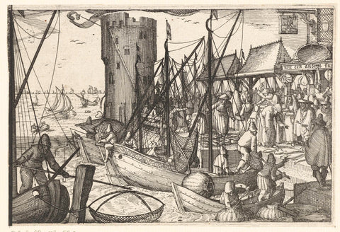 Fishing: a port with fish market, ca. 1600, Claes Jansz. Visscher (II), 1608 Canvas Print