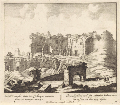 Ruins of a palace on a mountain in Rome, anonymous, 1675 - 1711 Canvas Print