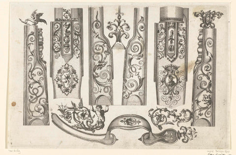 Nine affuits and ornaments for rifles, Pieter Schenk (I), 1692 Canvas Print