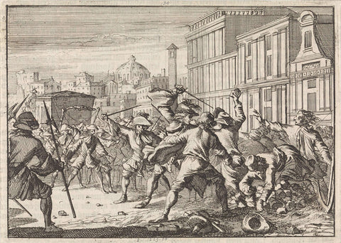 Battle in Rome between the servants of the French ambassador and some street makers, 1679, Caspar Luyken, 1698 Canvas Print