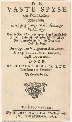 Titelpagina voor: B. Bekker, Der Volmaakten Vaste Spijse, 1674, Hero Nauta, 1674 Canvas Print