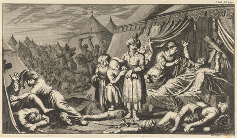 King of Ormus raided and killed in a tented camp, Jan Luyken, 1682 Canvas Print