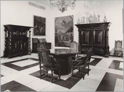 Room 260 with furniture including two cabinets, a table with chairs, paintings, vases and a marble tiled floor, 1982 Canvas Print