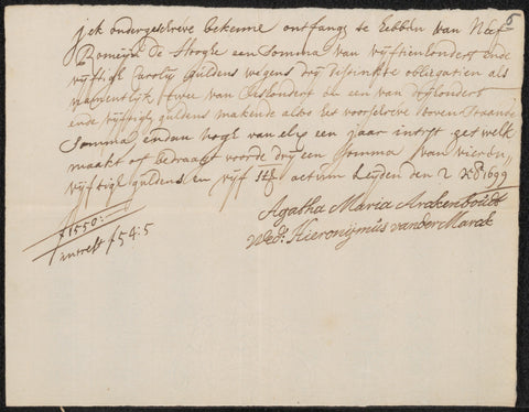 Receipt for Romeyn de Hooghe, Agatha Maria Arkenbout, 1699 Canvas Print