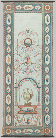 Roll of wallpaper, pasted on linen, showing arabesques, an arbor, medallion and vase in embroidery, anonymous, 1750 - 1800 Canvas Print