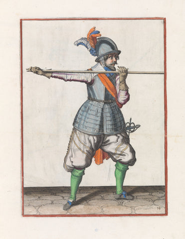 Soldier carrying his skewer with both hands horizontally at shoulder height, his right hand at the foot of the coat of arms, Jacob de Gheyn (II) (workshop or), c. 1597 - 1607 Canvas Print