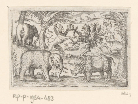 Two elephants, a rhinoceros, a lion and a griffin, Stephan Herman, 1578 - 1596 Canvas Print