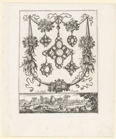 Cartouche with five pendants, down a royal hunting party, Balthazar Moncornet, 1665 Canvas Print