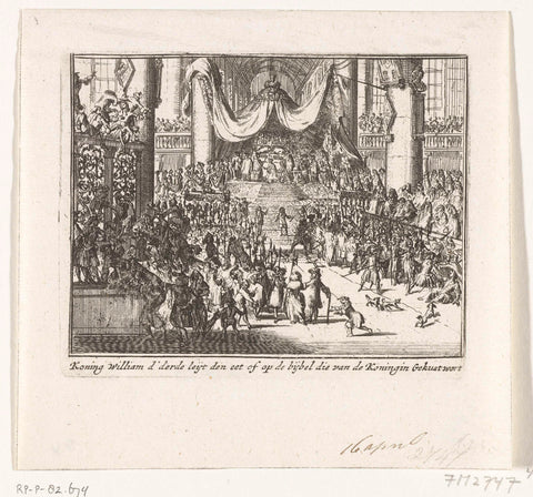 William III takes the oath during the coronation, 1689, anonymous, 1711 Canvas Print