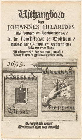 Signboard with bible and playing cards, Johannes Hilarides, 1695 Canvas Print