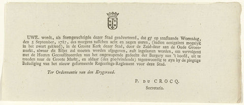 Invitation for swearing-in of the Government Regulations in Haarlem, 1787, anonymous, 1787 Canvas Print