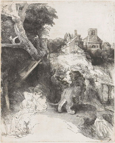 St Jerome reading in an Italian landscape, Rembrandt van Rijn, c. 1653 Canvas Print