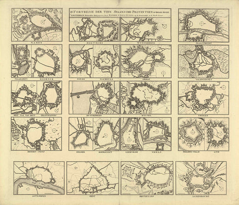 Sheet with plans of 26 fortified towns, ca. 1747, anonymous, 1747 Canvas Print