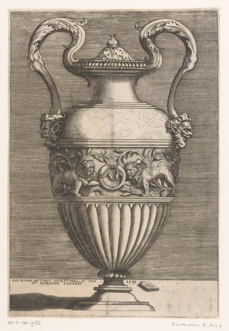 Ornamental vase with two handles and a border of lions and a ring, Agostino Veneziano, 1531 Canvas Print