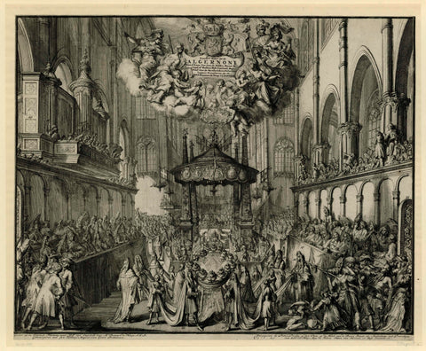 Choir of Westminster Abbey with the funeral ceremony for the Queen, 1695, Romeyn de Hooghe, 1695 Canvas Print