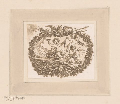 Vignette with three amors in a wreath of foliage with on top of an owl, Jean Baptist Leprince, 1770 Canvas Print