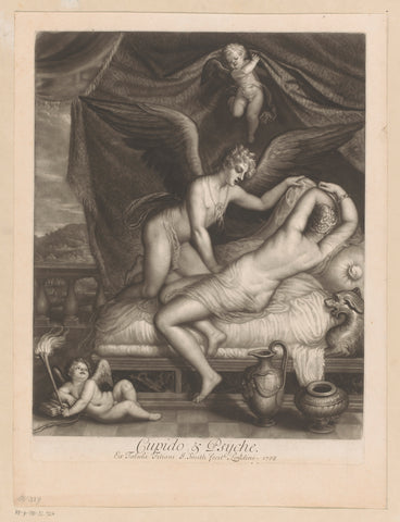 Cupid and Psyche on bed, John Smith (printmaker/ publisher), 1708 Canvas Print