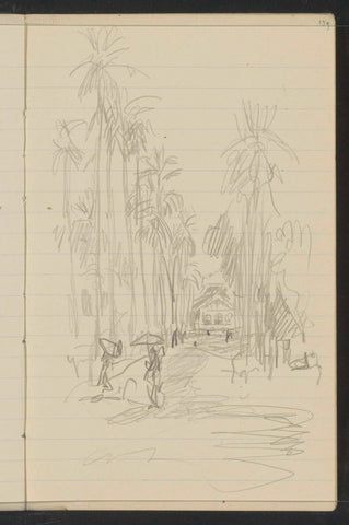 Figures with parasols on a country road flanked by palm trees, Marius Bauer, 1931 Canvas Print