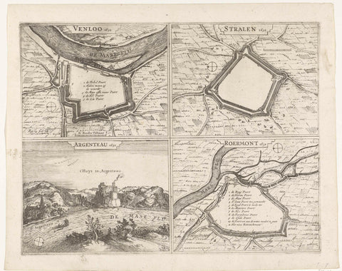 Maps of Straelen, Venlo and Roermond and view of the castle of Argenteau, 1632, anonymous, 1651 - 1652 Canvas Print