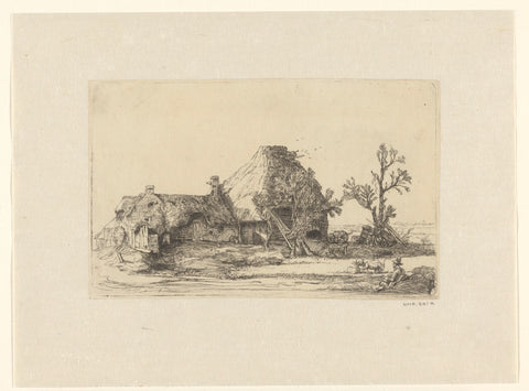 Cottages and farm buildings with a man sketching, Richard Byron, 1750 - 1799 Canvas Print