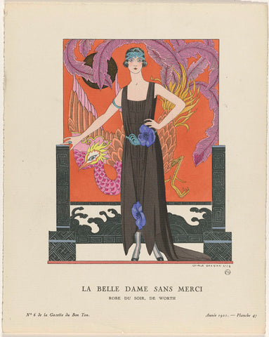 Gazette du Bon Ton, 1921 - No. 6, Pl. 47: La belle dame sans merci / Robe du soir, by Worth, George Barbier, 1921 Canvas Print