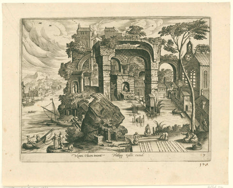 Landscape with ruins and a pond, Adriaen Collaert, 1587 Canvas Print