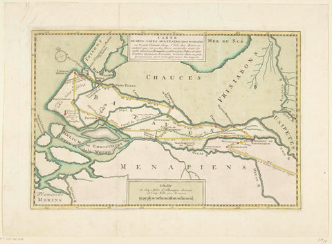 Map of two Roman military roads in the Netherlands, unknown, 1732 - 1734 Canvas Print