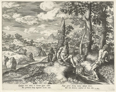 River landscape with the emblem over laziness, Johann Sadeler (I), 1595 - 1600 Canvas Print