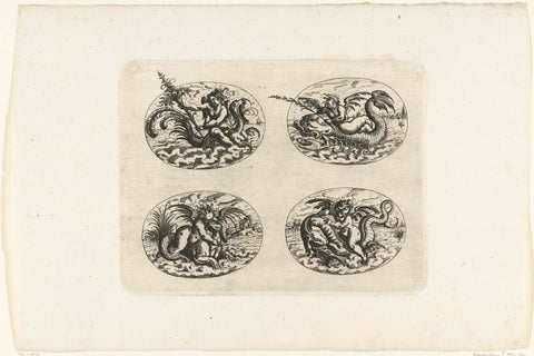 Four reclining ovals with putti on sea creatures, Christoph Jamnitzer, 1573 - 1610 Canvas Print
