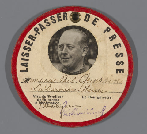 Portrait of journalist Phil. Quersin of the newspaper 'La Dernière Heure', on round press card, 1940, anonymous, 1940 Canvas Print