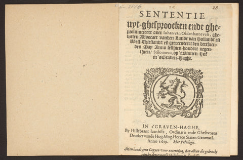 Sententie uyt-ghesproocken ende ghepronuncieert over Iohan van Oldebarnevelt, Hillebrant Jacobsz. van Wouw (I), 1619 Canvas Print