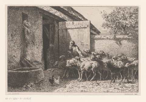 Woman leading sheep to the stable, Charles Emile Jacque, 1865 Canvas Print