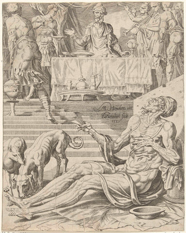 Lazarus begs the feast of the rich man, Dirck Volckertsz. Coornhert, 1551 Canvas Print