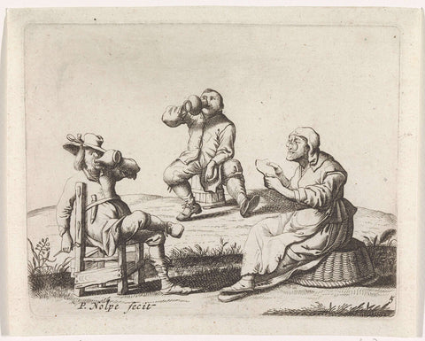 Three peasants, Pieter Nolpe, 1623 - 1703 Canvas Print