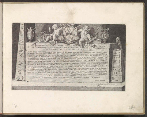 Stone tablet flanked by hieroglyphic obelisks, Aegidius Sadeler, 1624 - 1650 Canvas Print