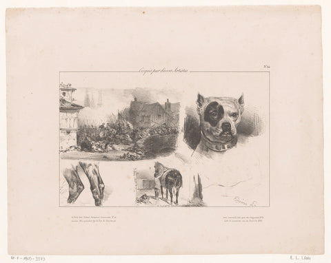 Fight on a bridge and three sketches of animals, Eugène Louis Lami, 1830 Canvas Print