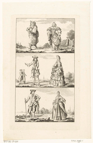 Three landscapes with men and women in Dutch costumes, from different periods, Cornelis Brouwer, 1776 Canvas Print