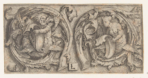 Ornament with triton and siren, Lucas van Leyden, 1508 - 1512 Canvas Print