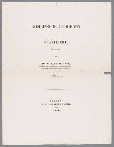 Title page for: Leemans, Romeinsche oudheden te Maastricht, 1843, H.W. Hazenberg & Co., 1843 Canvas Print