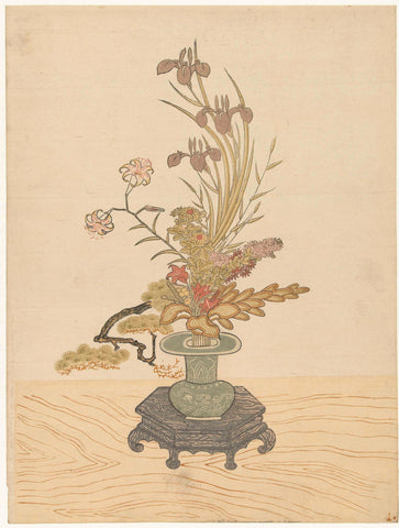 Ikebana bloemstuk in groene vaas, Ippitsusai Bunchô (manner of), 1765 - 1766 Canvas Print