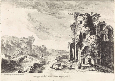 Landscape with a bridge and a ruin, Pieter Nolpe, 1688 - 1727 Canvas Print