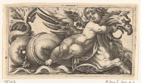 Putto, seated on sea creature with the head of a griffin, Adam Fuchs, 1526 - 1606 Canvas Print