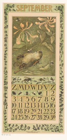 Calendar sheet September with dead sparrow and beetles, Theo van Hoytema, 1910 Canvas Print