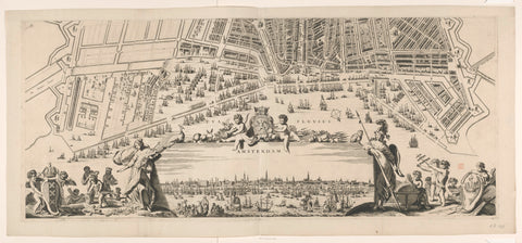 Map of Amsterdam with cityscape (lower part), anonymous, 1676 - in or before 1699 Canvas Print