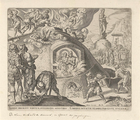 Sadrach, Meshach and Abednego are thrown into the fire, Philips Galle, 1565 Canvas Print