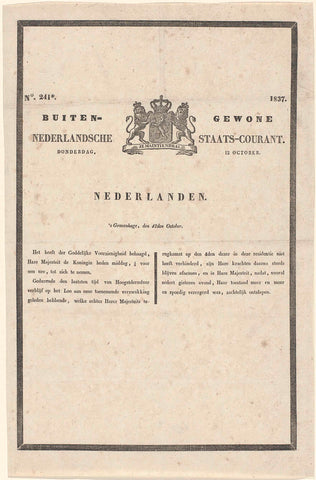 Buitengewone Nederlandsche Staats-Courant. Donderdag, 12 October. No. 241*. 1837, Bureau der Nederlandsche Staats-Courant, 1837 Canvas Print