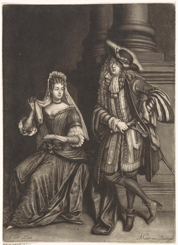 Couple on a landing, dressed according to the fashion of 1680-'90, Jacob Gole, 1680 - 1724 Canvas Print