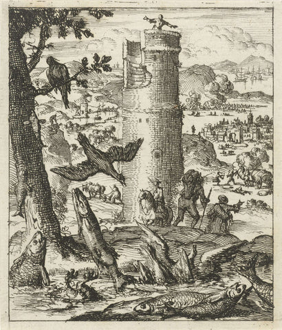 Fish gasp for air on dry land, in the background a man on a high tower, Jan Luyken, 1689 Canvas Print