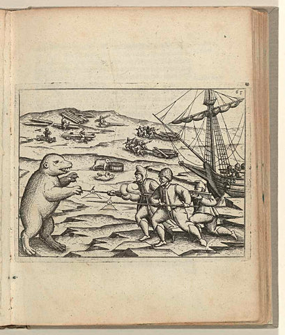 Crew in combat with polar bears at the stranded ship, 1596, anonymous, 1598 Canvas Print